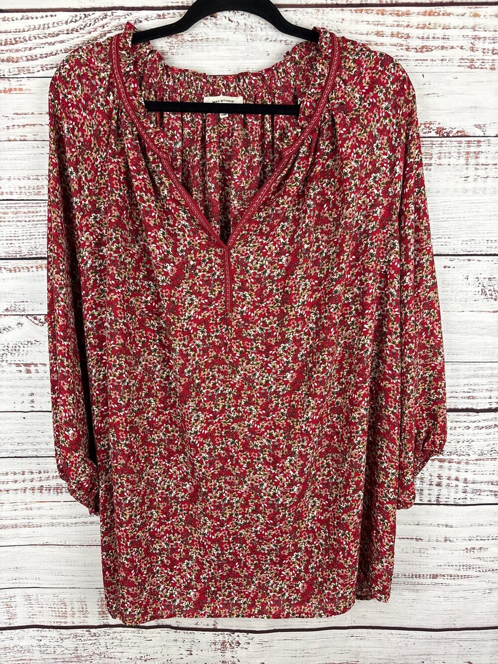 Max Studio Red Floral V Neck Tunic Top Flowy 3/4 Sleeve Cottagecore Womens Sz 2X